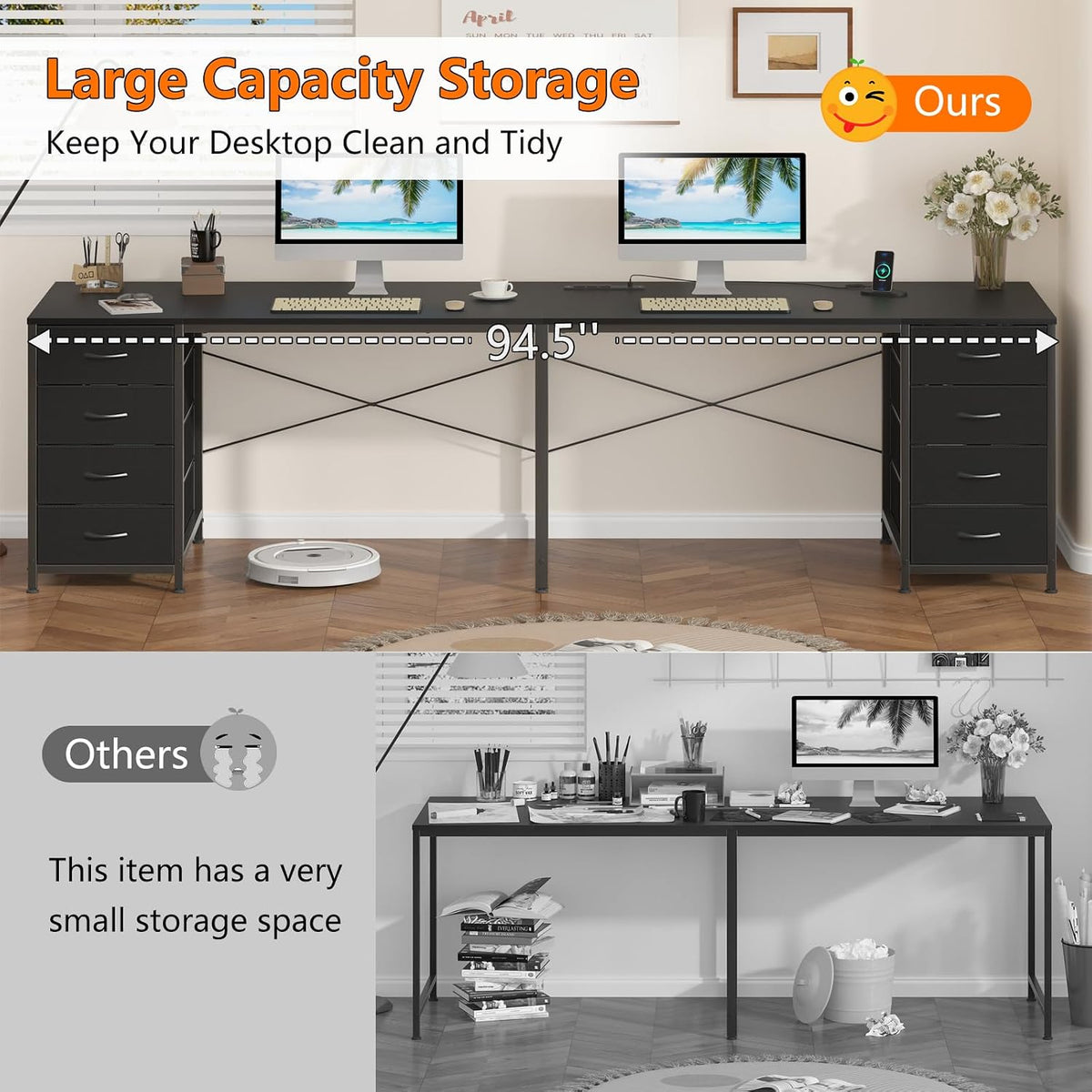 YOMILUVE 95'' Two Person Desk with 8 Drawers, Long Office Desk with Charging Station, 2 Person Desks Double Desk Writing Study Table for Home Office, Black
