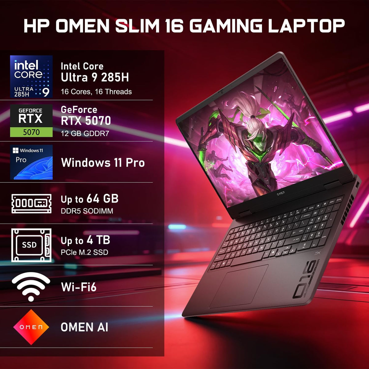 HP OMEN 16 Slim RTX 5070 Gaming Laptop, Intel Ultra 9 285H, NVIDIA RTX 5070, HyperX Audio, 16' FHD+ Anti-Glare, 64GB DDR5, 2TB SSD, 4-Zone RGB Backlit KB, Windows 11 Pro, Bundle Laptop Cooler