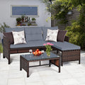 3 Pieces Rattan Sectional Sofa Set, Patio Wicker Rattan Conversation Set with Chaise Lounge, Love Seat & Coffee Table, Patio Furniture Set for Garden, Lawn, Poolside (Gray)