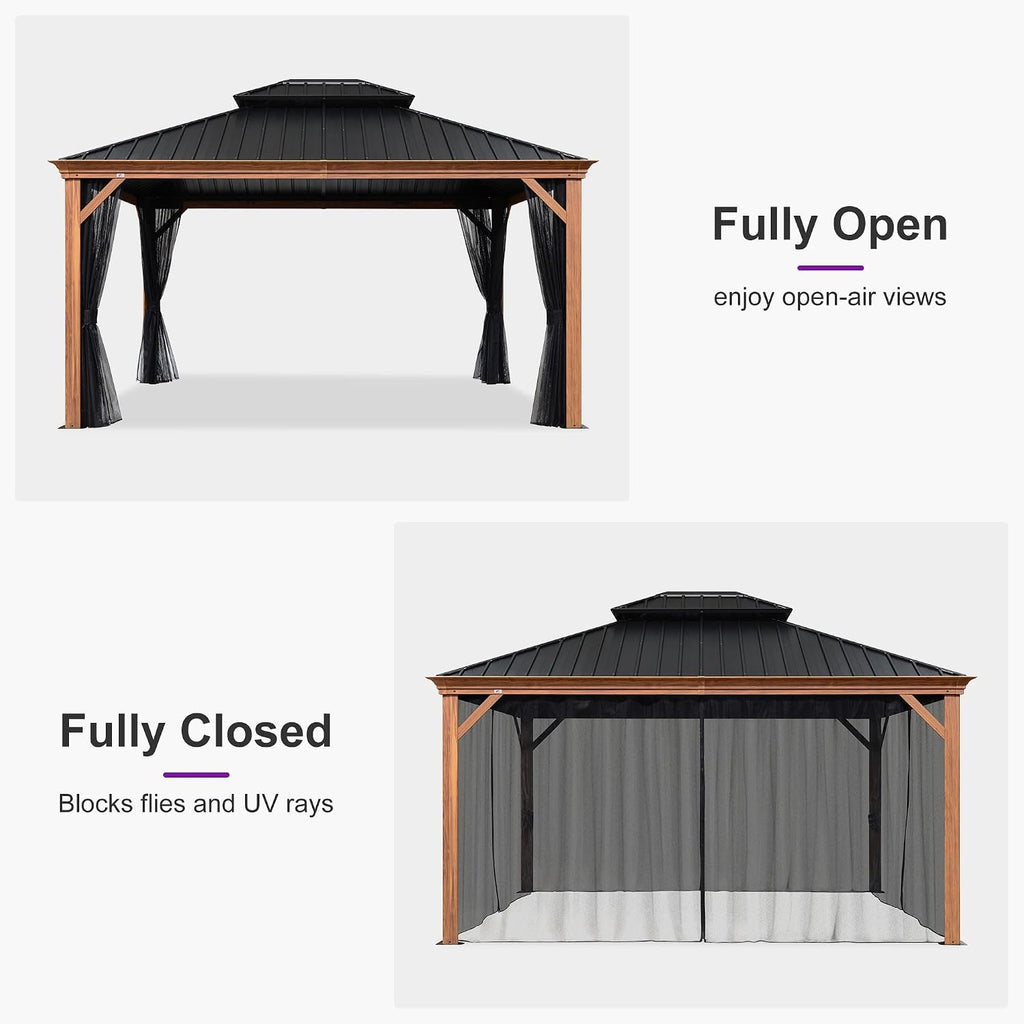 PURPLE LEAF 12' X 14' Outdoor Hardtop Gazebo for Patio Galvanized Steel Double Roof Permanent Canopy Teak Finish Coated Aluminum Frame Pavilion Gazebo with Netting