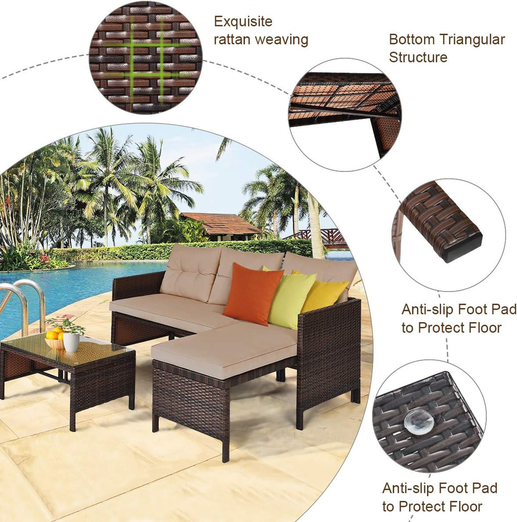 3 Pieces Rattan Sectional Sofa Set, Patio Wicker Rattan Conversation Set with Chaise Lounge, Love Seat & Coffee Table, Patio Furniture Set for Garden, Lawn, Poolside (Brown)