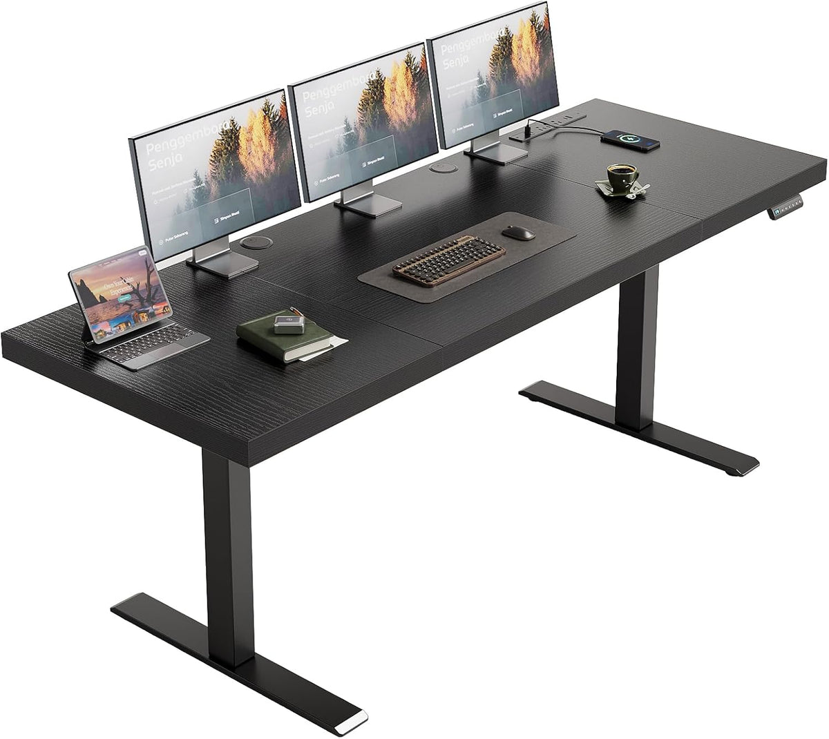 OffiGo 71 Inch Executive Electric Standing Desk, Height Adjustable Desk with Power Outlet & 1.38' Thick 3-Piece Desktop, Sit Stand Computer Desk for Home, Office, Conference Room, Black