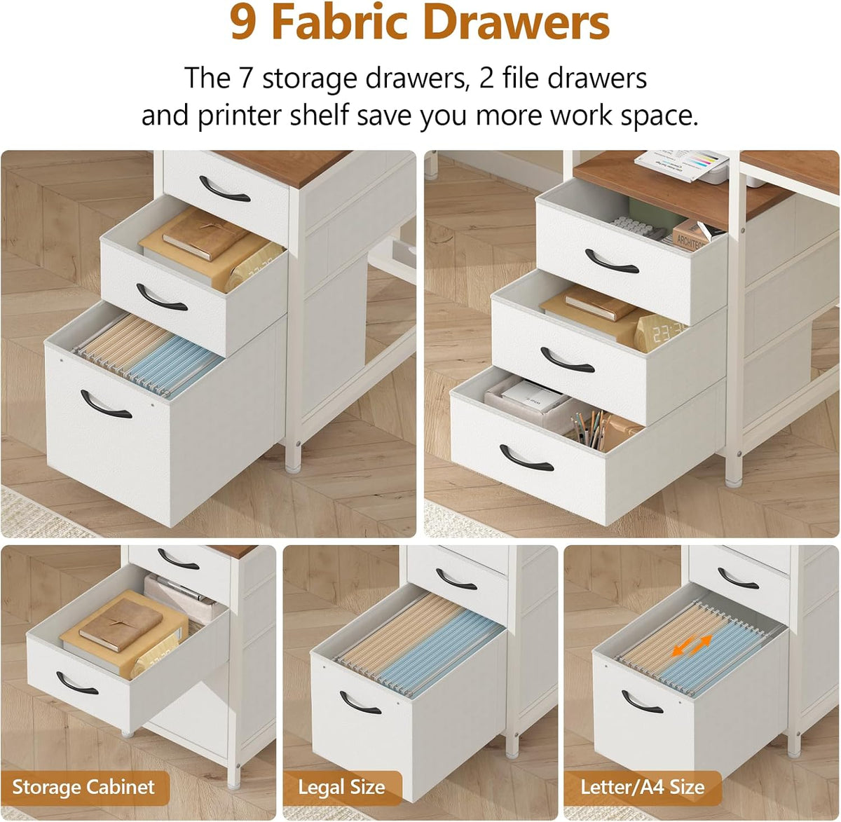 YOMILUVE 98.4' Long Computer Desk with 9 Drawers, 2 Person Gaming Desk with LED Lights & Power Outlet, Two Person Home Office Desk with Storage, Printer Shelf ＆ Monitor Stand, Brown and White