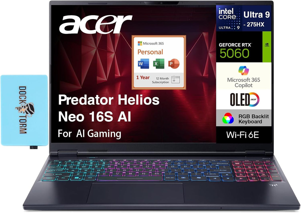 acer Predator Helios Neo 16S AI AI Gaming Laptop 16.0' WQXGA (Intel Ultra 9-275HX, GeForce RTX 5060 8GB, 32GB DDR5, 8TB PCIe SSD, Win 11 Home) w/MS 365 Personal, DKZ USB Port Expander
