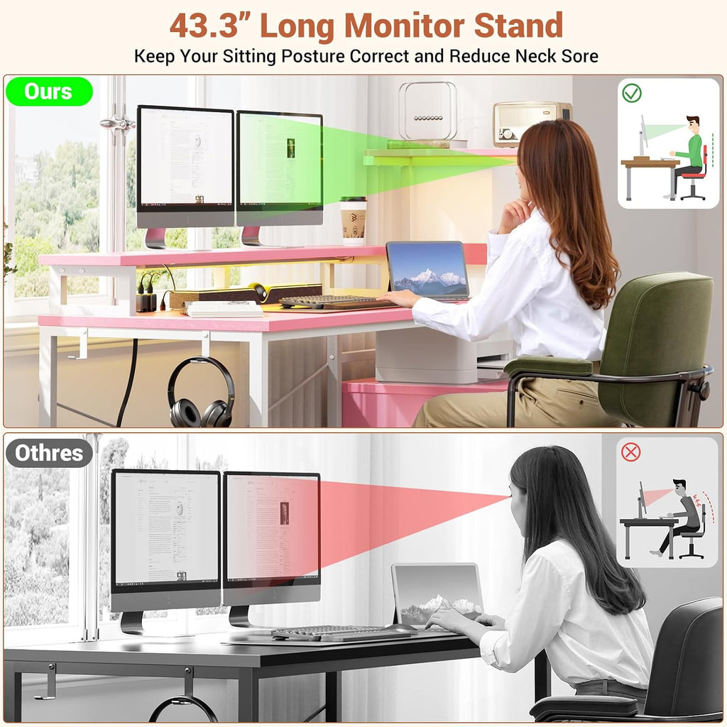 Aheaplus Gaming Desk with LED Strip & Power Outlet, 59Inch Reversible Computer Desk with Monitor Stand & Storage Shelves, Home Office Desks with Fabric File Drawer, Gamer Table PC Desk, Pink