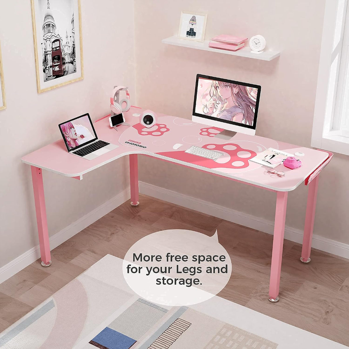 EUREKA ERGONOMIC Gaming Desk,60 Inch Pink L-Shaped Computer Desk, Corner Desk Gamer Desk Game Table with Free Mouse Pad for Girls Home Office Wood & Metal Space-Saving,Easy to Assemble,Pink