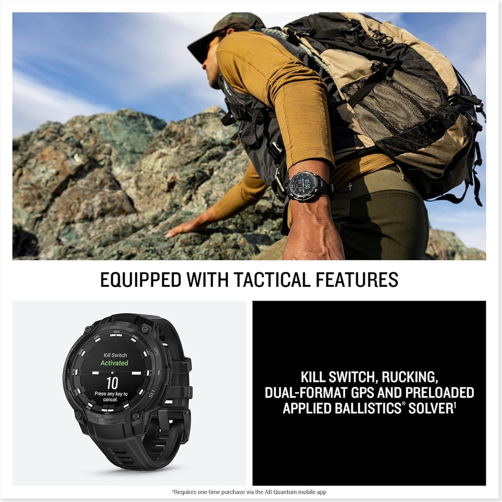 Garmin Instinct® Crossover AMOLED - Tactical Edition, Rugged Hybrid GPS Tactical Smartwatch with Analog Watch Hands and Bright AMOLED Display, Black with Black Silicone Band
