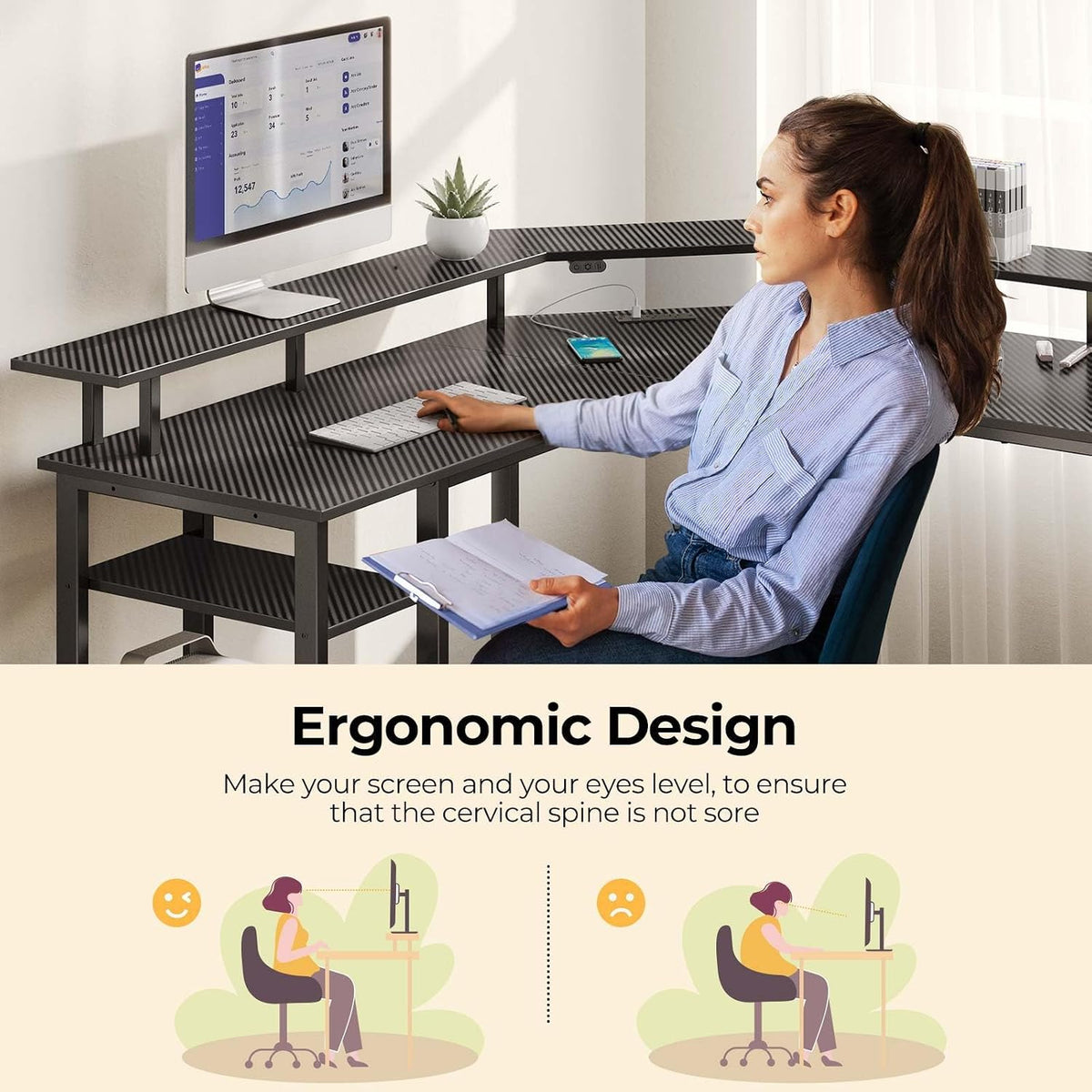 Rolanstar L Shaped Gaming Desk with LED Lights & Power Outlets, 53' Computer Desk with Full Monitor Stand & Storage Shelf, Corner Desk with Hooks, Carbon Fiber Desk Reversible