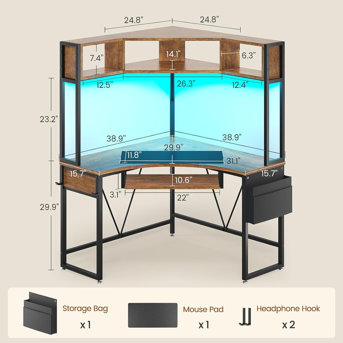 SEDETA Corner Desk, 39' W x 62' H Small Office Desk with Hutch & LED Lights, Triangle Gaming Computer Desk with Keyboard Tray, Storage Bag, and Headphone Hook for Small Space, Rustic Brown