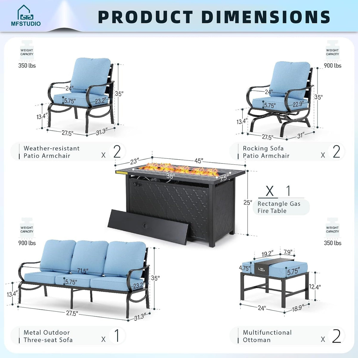 MFSTUDIO 8 Pieces Patio Furniture Sets with 45' Gas Fire Pit Table(Up to 9 Seat),Outdoor Metal Conversation Sofas with 1 x 3-Seat Sofa, 2 Single Chairs,2 Rocking Chairs and 2 Ottoman,Blue Cushion