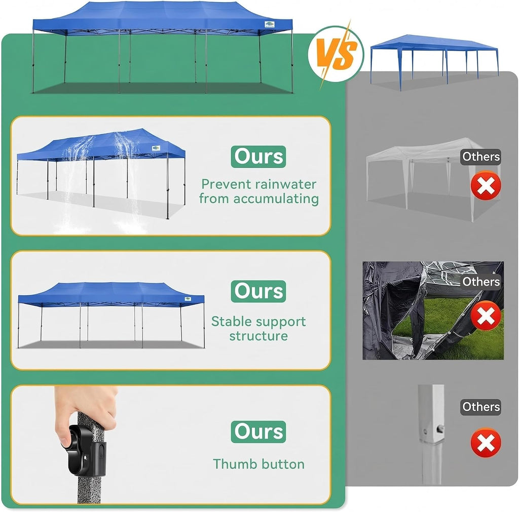COBIZI 10x30 Heavy Duty Pop Up Canopy Tent with 8 Sidewalls Thicken Frame, Commercial Easy Up Outdoor Wedding Party Tents, All Season Waterproof Windproof with Stakes Sandbags Ropes Roller Bag, Blue