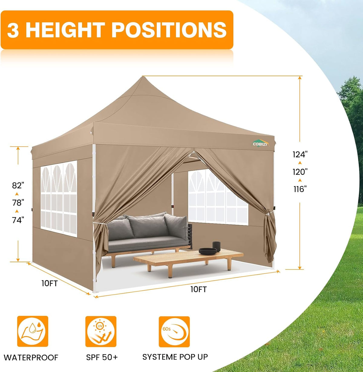 COBIZI 10x10 Pop Up Canopy with 4 Sidewalls, Pop up Tent 10x10 for Parties, Backyard, Commercial, Waterproof and Portable Instant Shelter UV50+ Ez Outdoor Canopy Gazebo with 4 Sandbags
