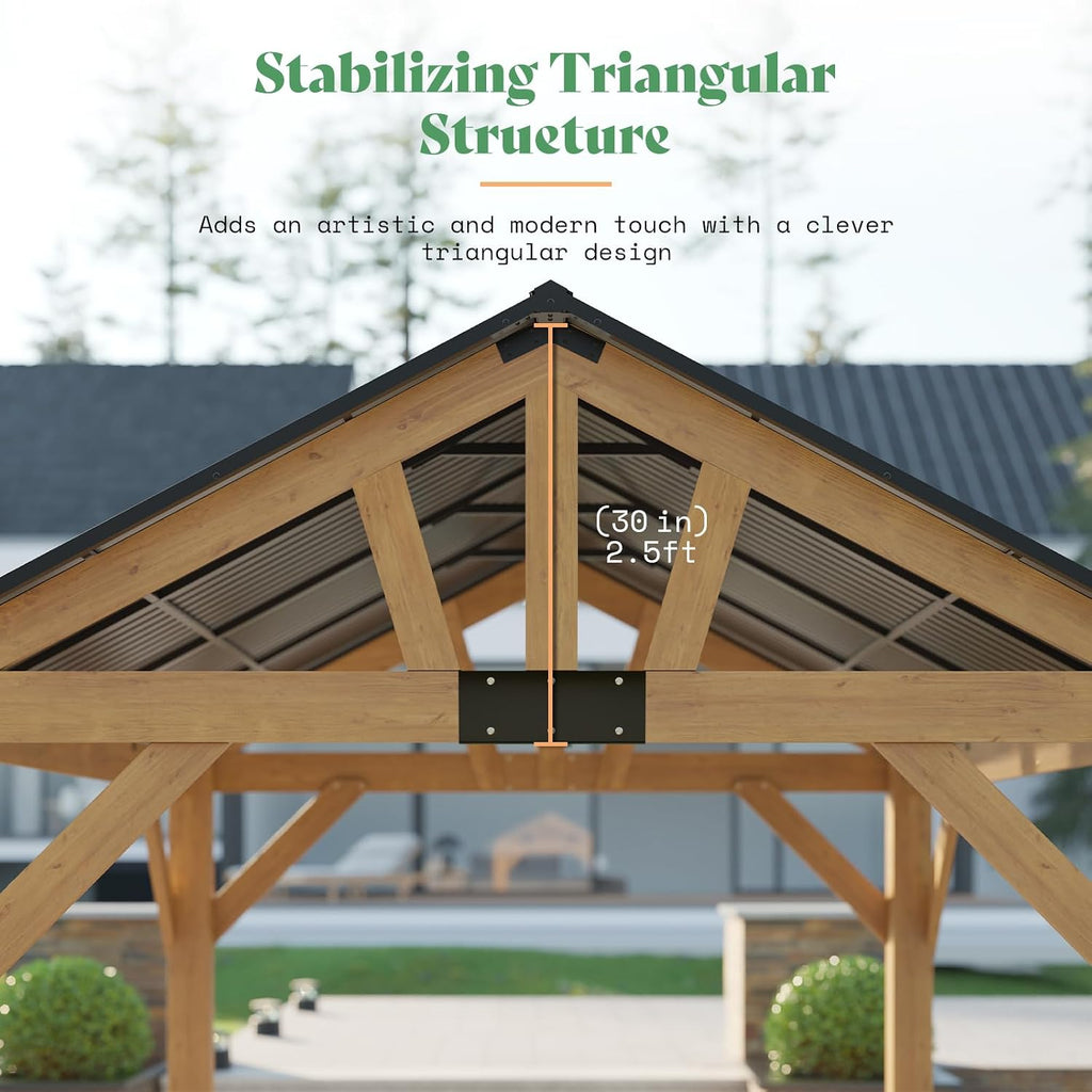 AMERLIFE 13x15 ft Spruce Wood Gazebo, Outdoor Gazebo with Bar Storage, Hardtop Wooden Paviloin with Metal Steel Gable Roof, Patio, Garage, Black + Natural Wood
