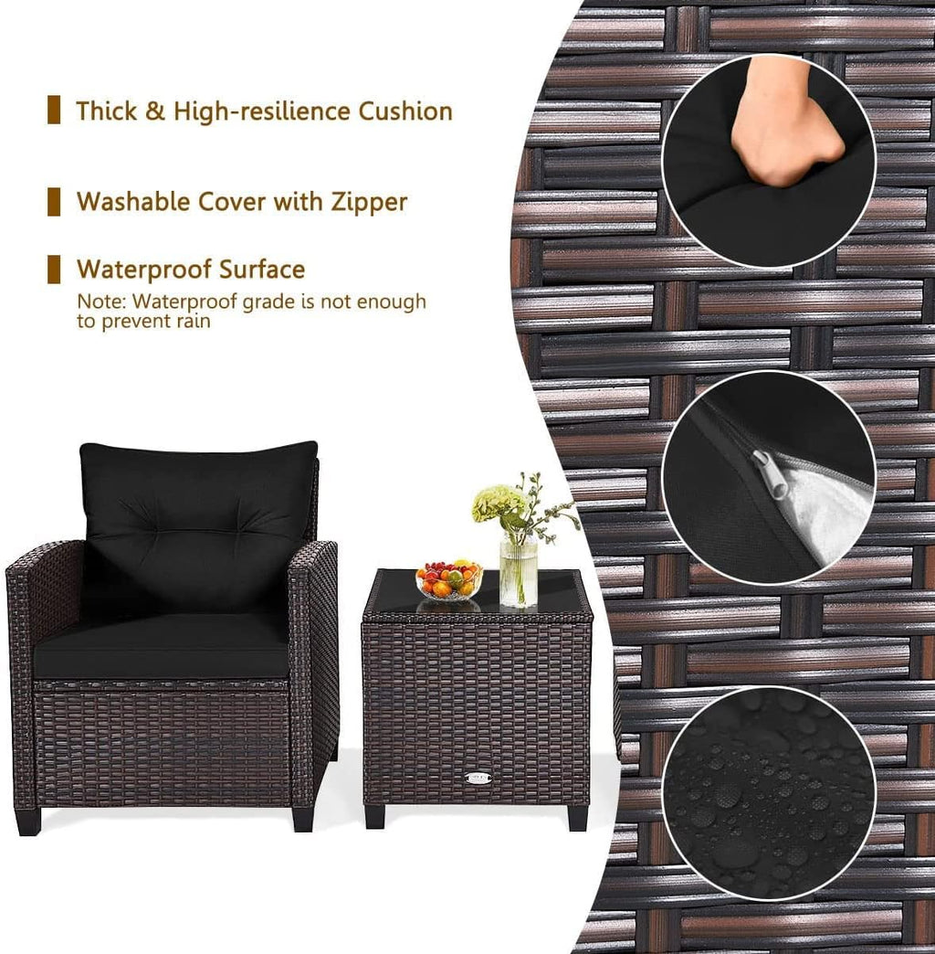 HAPPYGRILL 3 Pieces Patio Conversation Set, Outdoor Furniture Set PE Rattan Sofa Set with Removable Cushions, PE Wicker Chairs with Tempered Glass Side Table for Porch Lawn Garden Balcony Backyard