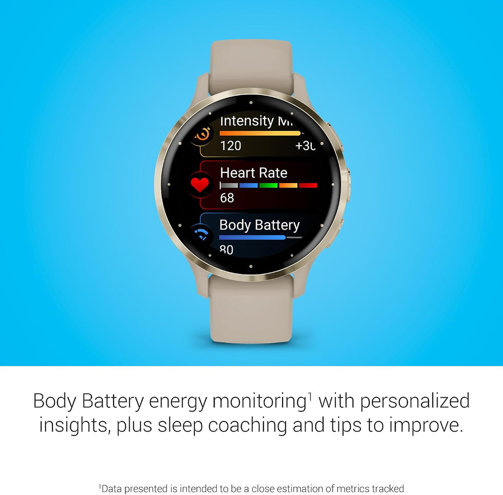 Garmin Venu 3S Running GPS Smartwatch with AMOLED Display, Advanced Health, Fitness Features, Up to 14 Day Battery Life with Signature Power Bundle | Soft Gold with French Gray Silicone Band