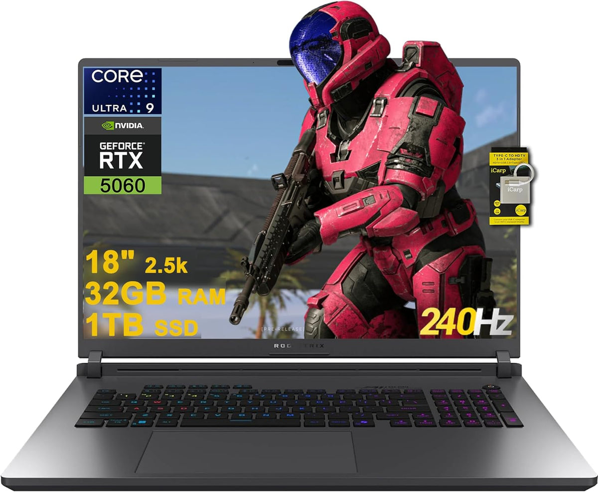 ASUS ROG Strix G18 G815 Gaming AI PC Laptop 18' 2.5k (2560x1600) 240Hz (100% DCI-P3, 3ms) Intel 24-core Ultra 9 275HX 32GB RAM 1TB SSD GeForce RTX 5060 RGB Backlit Wi-Fi7 Win11 ICP Hub