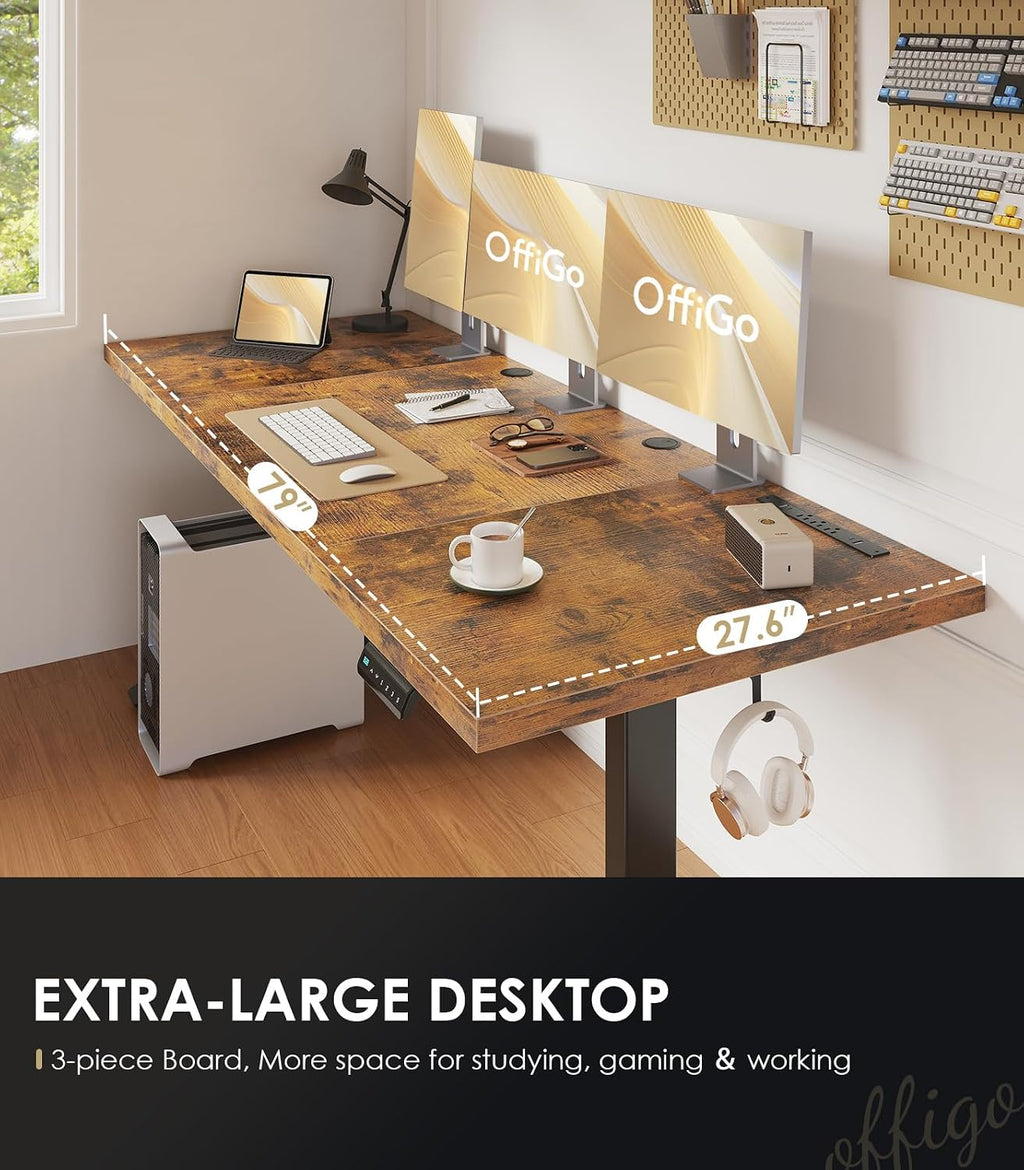 OffiGo 79 Inch Executive Electric Standing Desk, Height Adjustable Desk with Power Outlet & 1.38' Thick 3-Piece Desktop, Sit Stand Computer Desk for Home, Office, Conference Room, Rustic Brown