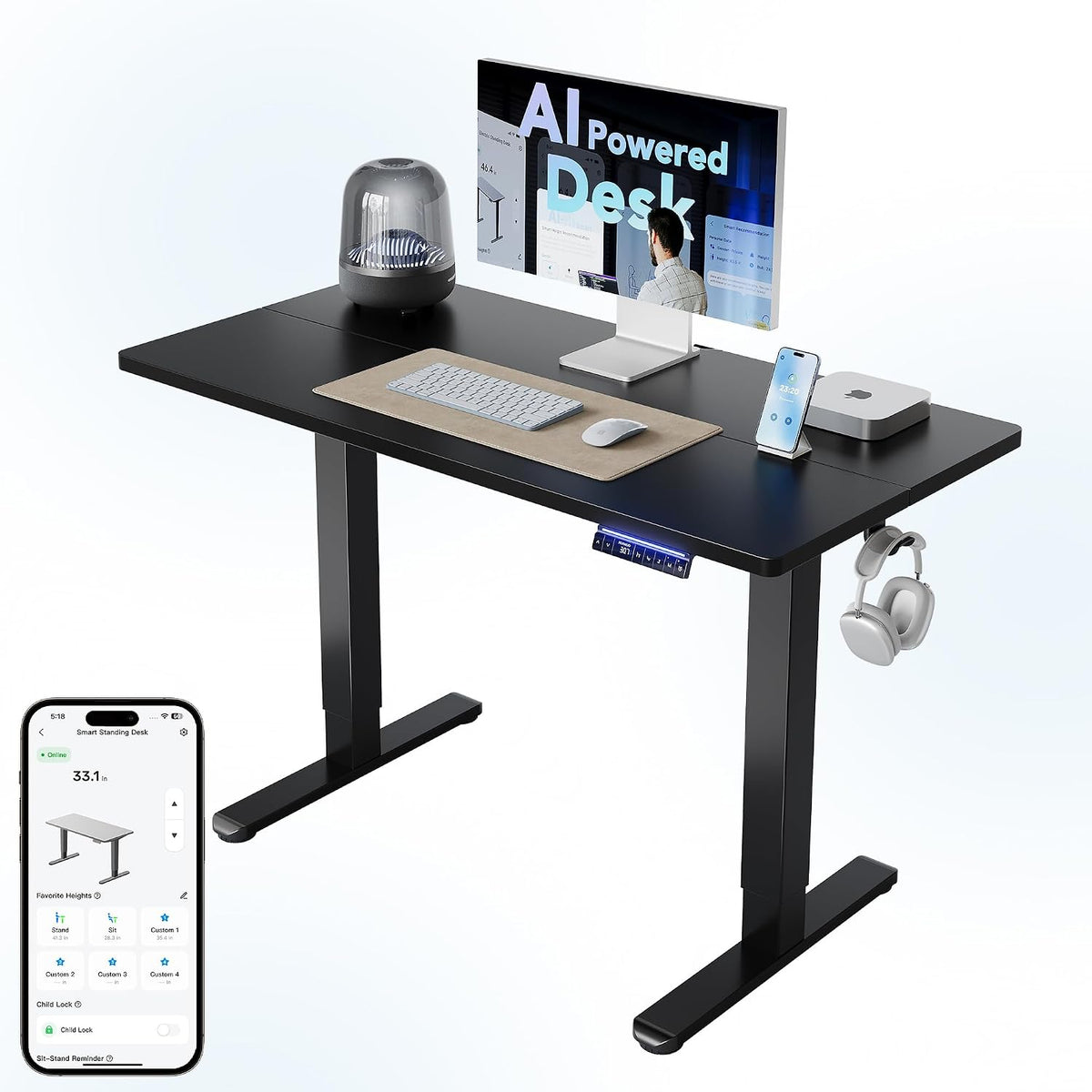 HUANUO 32' AI Smart Standing Desk with App-Synced Sedentary Reminders, Electric Height Adjustable Desk with Body-Data Ergonomic Presets, Voice Control Alexa/Google/Siri, 3 Memory Settings Table, Black
