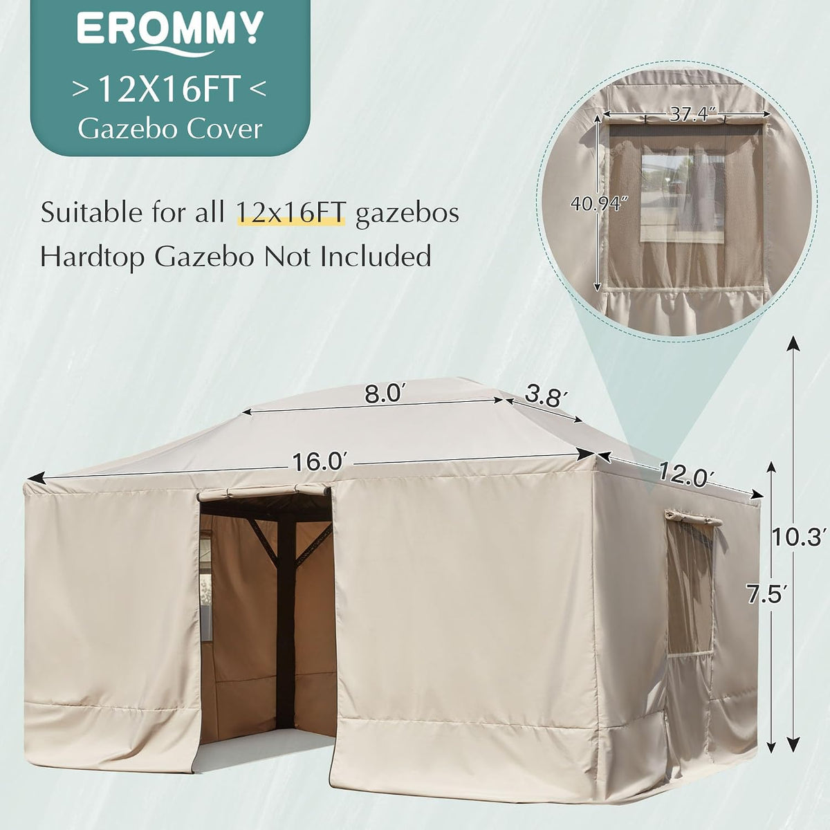 EROMMY Gazebo Cover for 12'x16' Gazebos,Outoor Winter Gazebo Cover with Sidewalls and Mesh Windows,Convert Gazebo into a Storage Space,Beige(Gazebo not Included)