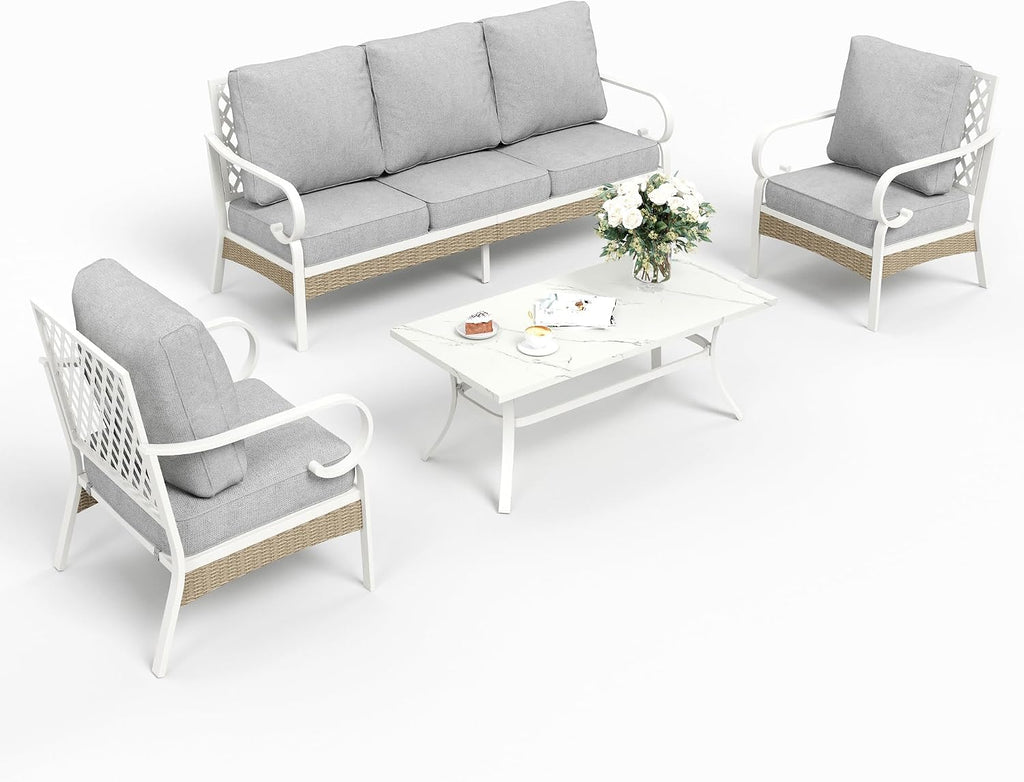 SUNSHINE VALLEY 4 Piece Metal Outdoor Patio Furniture Set, Patio Conversation Sets 1 3-Seater Sofa, 2 Single Sofa with 5.75' Extra Thick Cushion and Coffee Table, White Frame Backyard Furniture, Gray