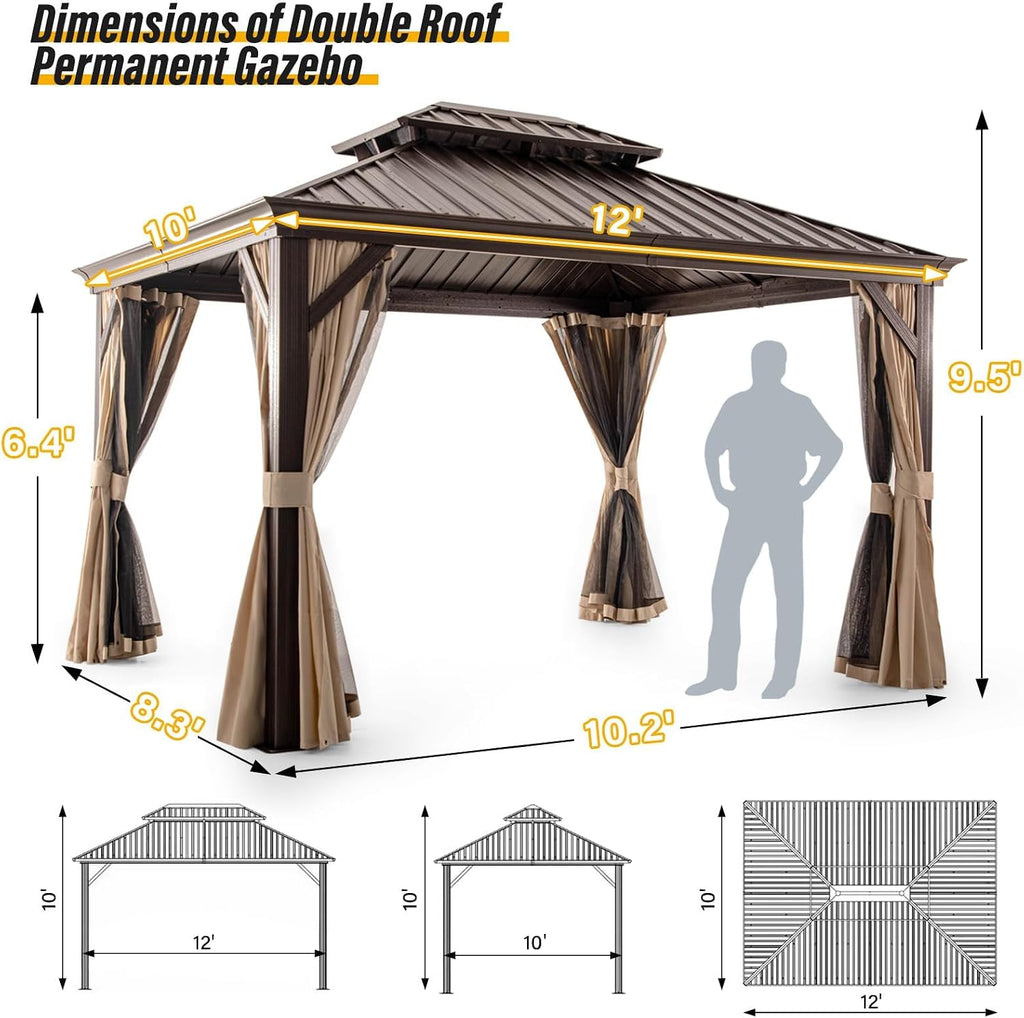 LAUSAINT HOME 10'x12' Hardtop Gazebo with Nettings and Curtains, Waterproof Permanent Heavy Duty Double Hard Roofs Gazebos with Brown Aluminum Frame for Lawn, Party