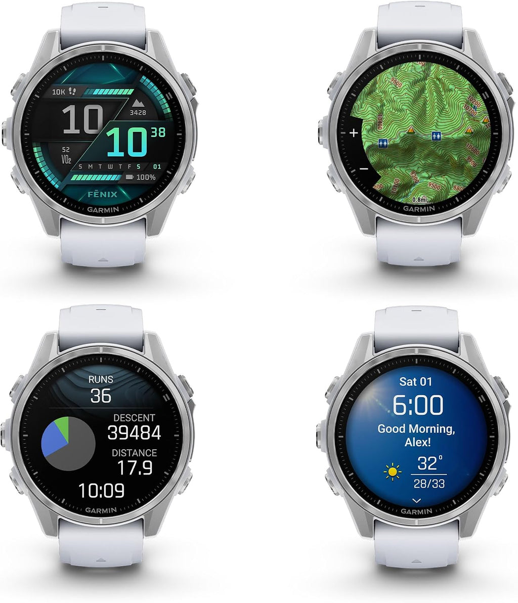 Garmin Fenix 8 43MM AMOLED Premium Multisport GPS Smartwatch Silver with Whitestone Silicone Band, Built-in LED Flashlight, Fitness & Health Smart Watch Bundle for Men & Women