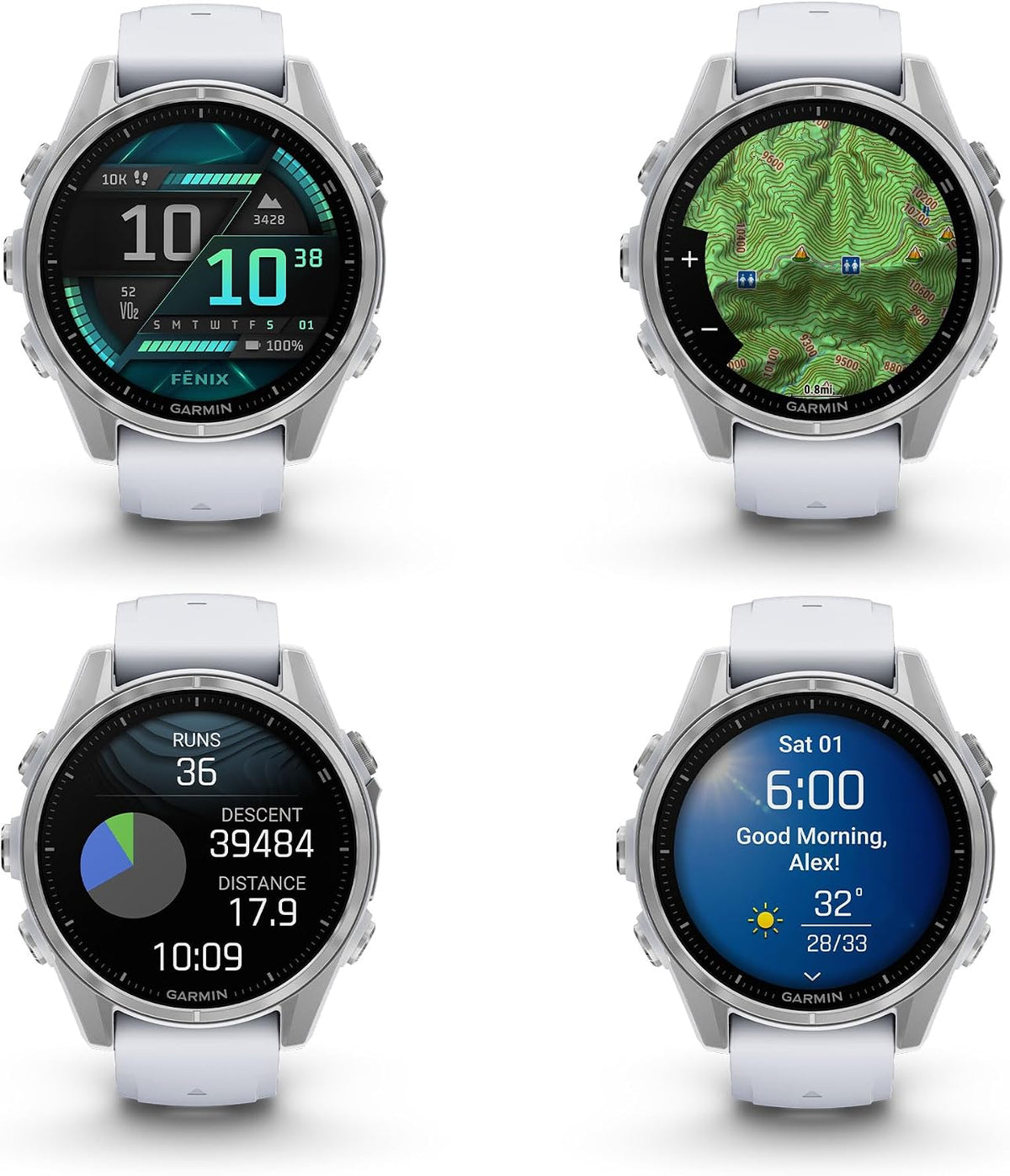Garmin Fenix 8 43MM AMOLED Premium Multisport GPS Smartwatch Silver with Whitestone Silicone Band, Built-in LED Flashlight, Fitness & Health Smart Watch Bundle for Men & Women