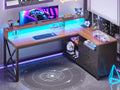 SEDETA L Shaped Gaming Desk with Drawers, 55' Farmhouse Computer Desk with File Drawer and Storage Shelves, Corner Gaming Desk with LED Lights and Monitor Shelf, Black and Brown