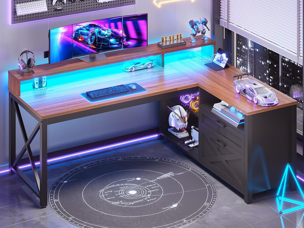 SEDETA L Shaped Gaming Desk with Drawers, 55' Farmhouse Computer Desk with File Drawer and Storage Shelves, Corner Gaming Desk with LED Lights and Monitor Shelf, Black and Brown