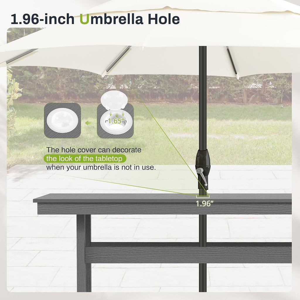 7 Piece Outdoor Dining Set, HDPS Patio Table and Chairs Set, 66' Patio Table with 1.96' Umbrella Hole & 6 Chairs, All Weather Furniture for Garden, Backyard, Poolside (Grey)