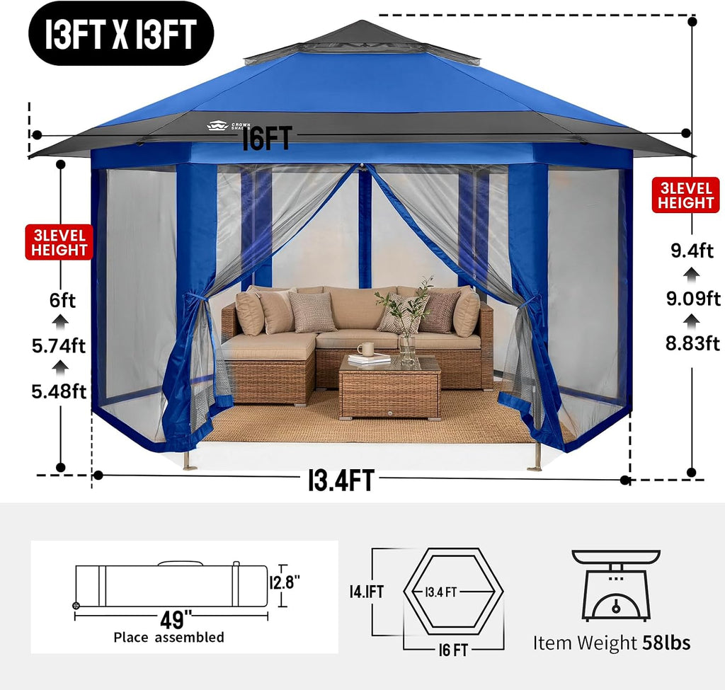 CROWN SHADES 13x13 Pop Up Gazebo with Mosquito Nettings, Patented Center Lock 6-Sided Portable Gazebo, 300D Silver-Coated Fabric UV Resistant, Pop Up Canopy Tent for Patio, Party, Blue&Light Grey