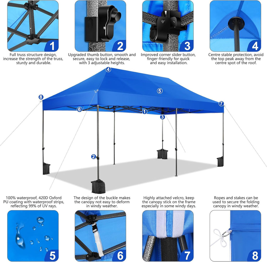 COBIZI 10x20 Heavy Duty Pop Up Canopy Tent with 6 Sidewalls Thicken Frame, Commercial Easy Up Outdoor Wedding Party Tents, All Season Waterproof Windproof with Stakes Sandbags Ropes Roller Bag, Blue