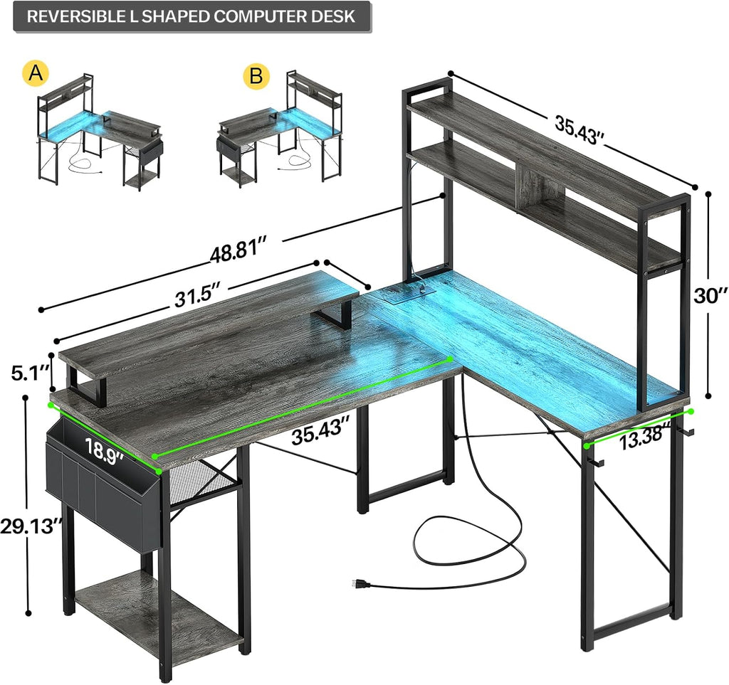 Aheaplus Small L Shaped Gaming Desk with LED Lights & Power Outlets, Reversible L-Shaped Computer Desk with Monitor Stand & Storage Shelf, Corner Desks Home Office Desk with Storage Bag, Grey Oak
