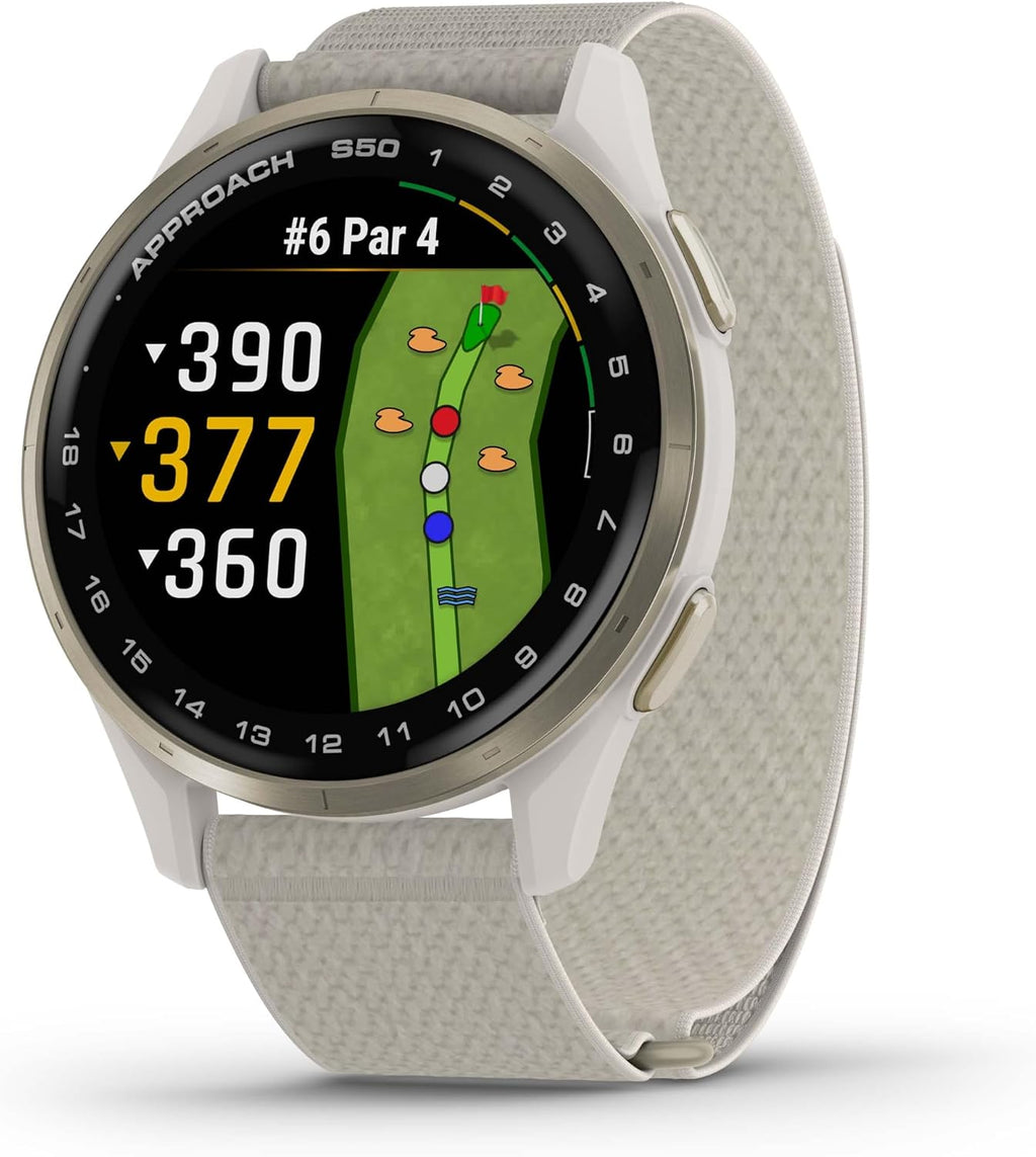 Garmin Approach® S50, Advanced Golf GPS Smartwatch, AMOLED Display, On-Course Features, Wrist-Based Heart Rate, Cream Gold Aluminum Bezel with Ivory ComfortFit Nylon Band