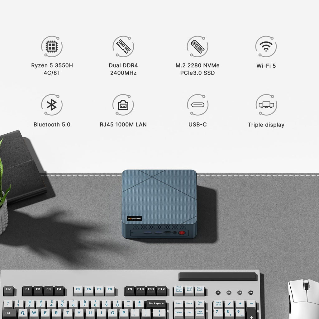 BOSGAME E2 Mini PC, AMD Ryzen 5 3550H (MAX 3.7GHz), 16GB DDR4 RAM, 512GB NVMe SSD, 11 Pro, Triple Display, WiFi 5/BT 5.2, Gigabit Ethernet, Mini Computer, Home & Work Office & Business