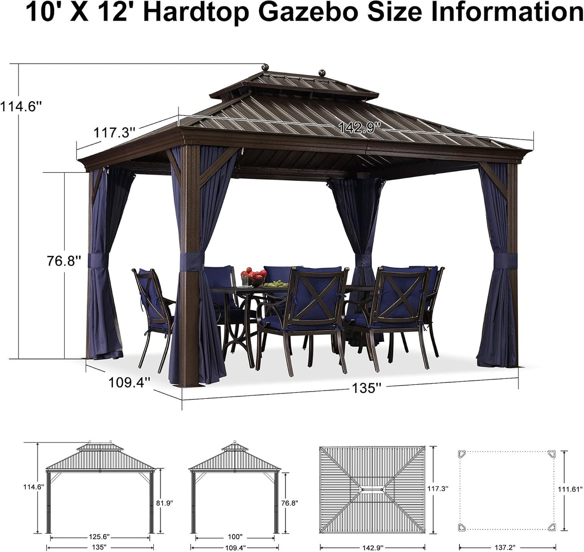PURPLE LEAF 10' X 12' Hardtop Gazebo Canopy with Netting and Curtains for Outdoor Deck Backyard Heavy Duty Sunshade Outside Metal Patio Permanent Pavilion
