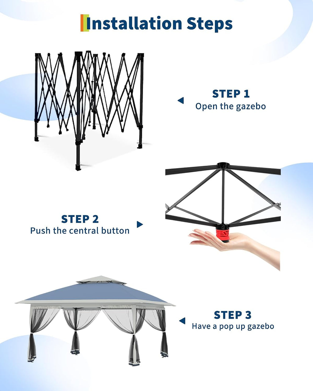 Canopy Tent 13x13 ft, Pop Up Gazebo One-Push Setup with 4 SandBags for Backyard Parties and BBQs, Mosquito Netting & Height Adjustable - Navy Blue