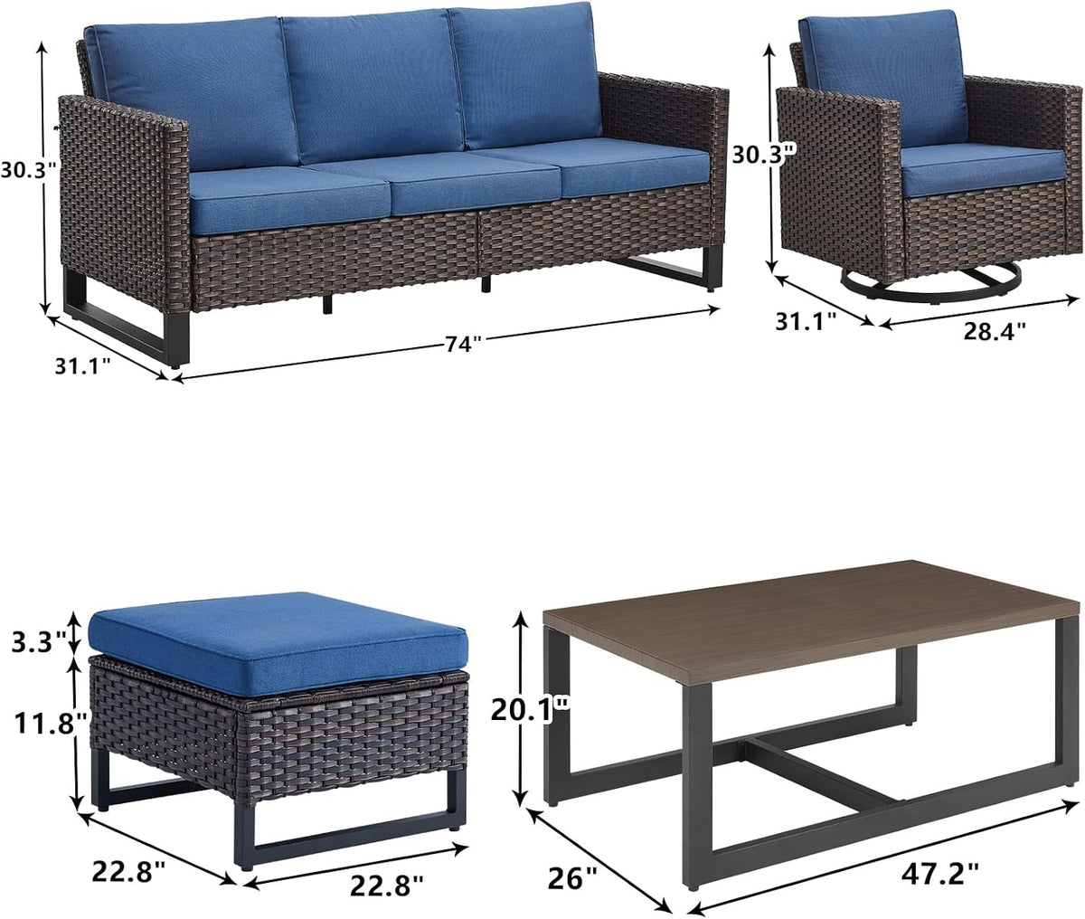 Luxury Wicker Outdoor Patio Furniture Set - 6 Piece Patio Conversation Set with 2 Swivel Rocker Chairs,2 Rattan Ottoman,1 Couch and 1 Metal Coffee Table for Outside Porch Deck Backyard(Brown/Blue)