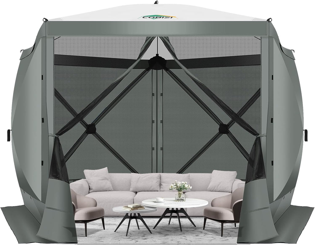COBIZI Pop Up Gazebo Screen Tent Screen House for Camping, 10x10 Screen Room with Mosquito Netting, Hub Tent Instant Screened Canopy with Carrying Bag and Ground Stakes, Gray