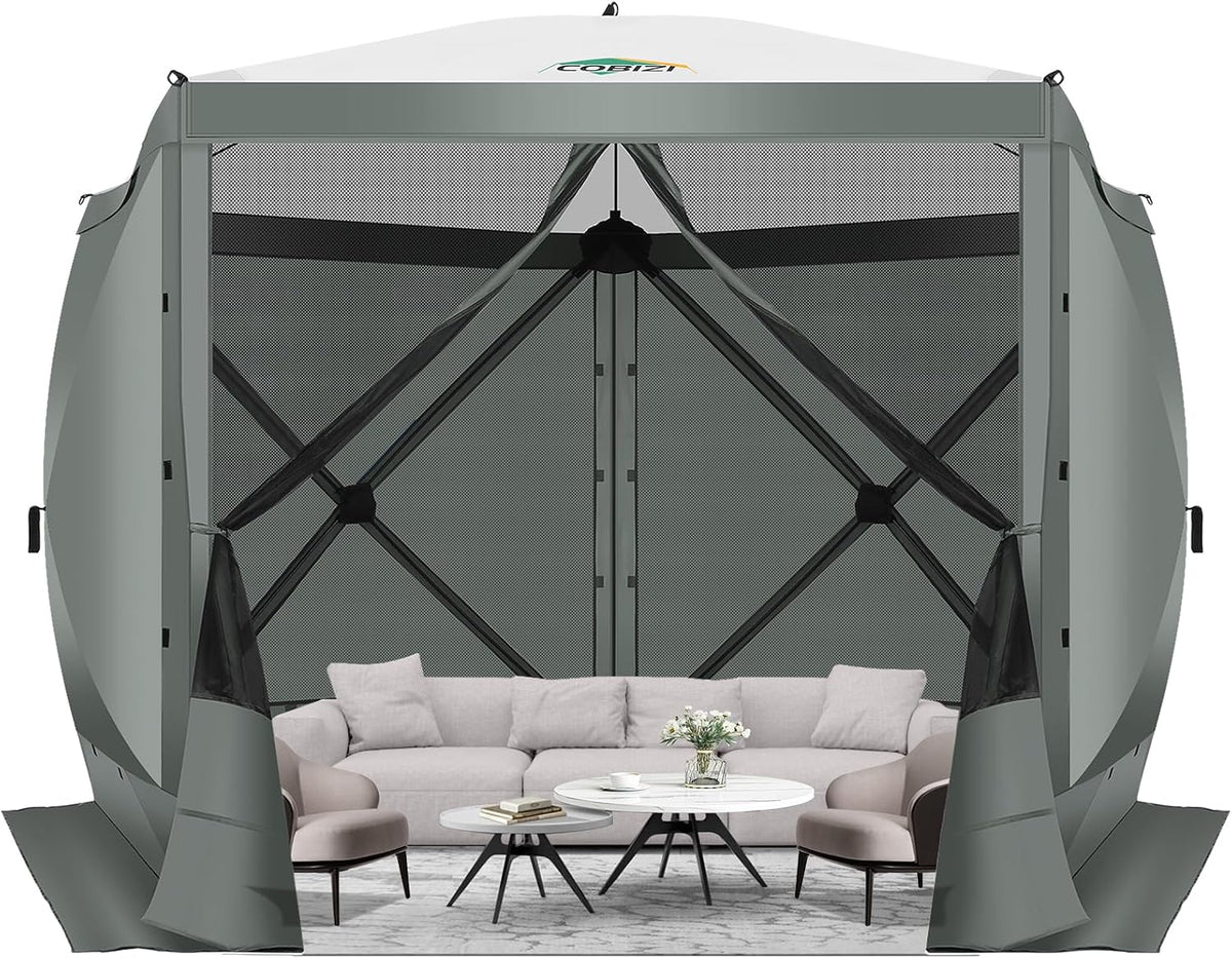 COBIZI Pop Up Gazebo Screen Tent Screen House for Camping, 10x10 Screen Room with Mosquito Netting, Hub Tent Instant Screened Canopy with Carrying Bag and Ground Stakes, Gray