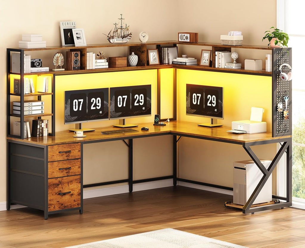SEDETA L Shaped Desk with Hutch and 3 Drawers, Convertible 94.5' Computer Desk with File Drawer, L Shaped Office Desk with Power Outlet, LED Lights, Storage and Pegboard for Home Office, Brown