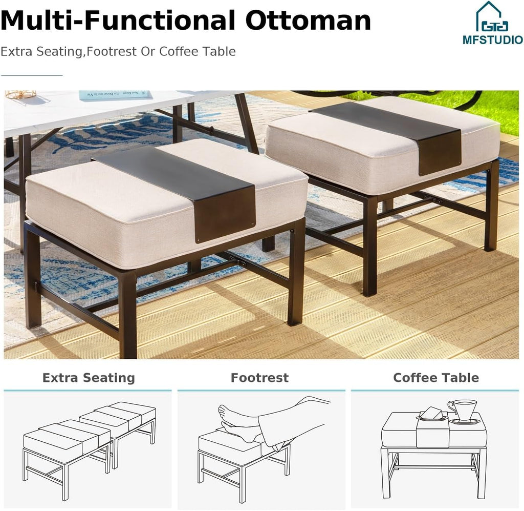 MFSTUDIO 6 Pieces Patio Furniture Sets with 45' Gas Fire Pit Table(Up to 7 Seat),Outdoor Metal Conversation Sofas with 1 x 3-Seat Sofa,2 Rocking Chairs and 2 Ottoman,Beige Cushion