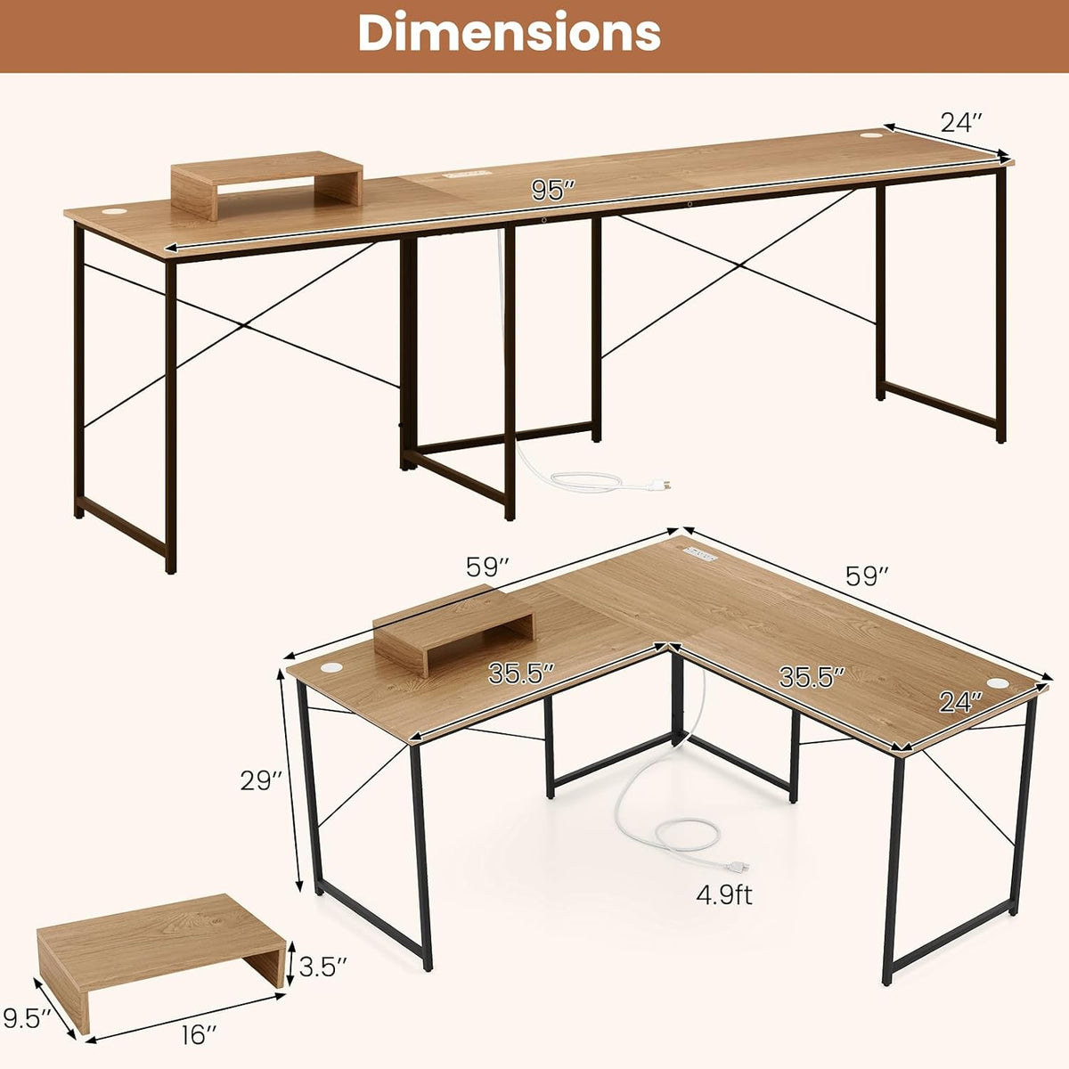 Tangkula L-Shaped Computer Desk with Power Outlets, 95' Long 2-Person Desk with Monitor Shelf, Modern Corner Desk Gaming Table with USB Ports for Home Office