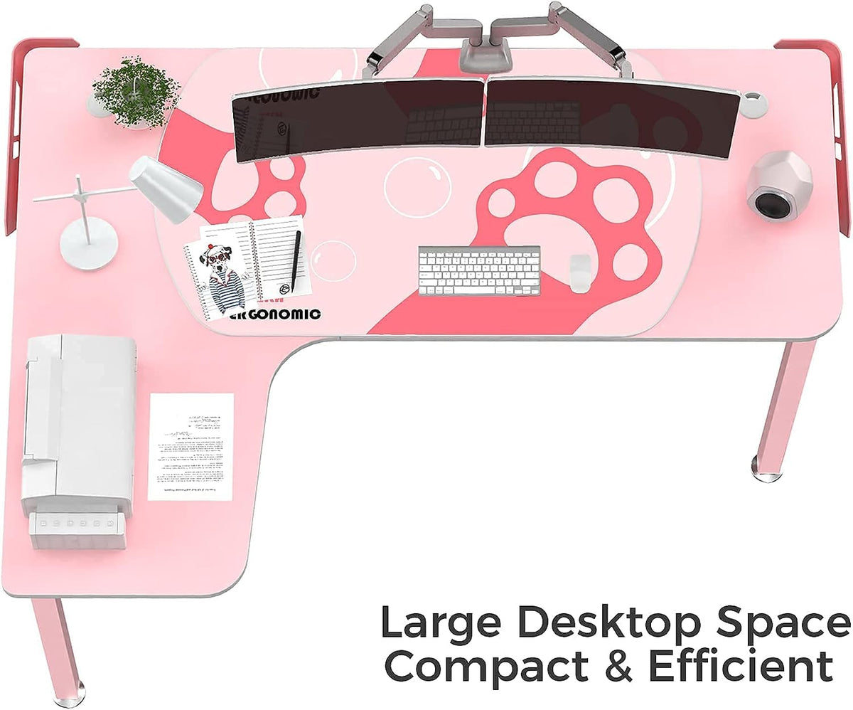EUREKA ERGONOMIC Gaming Desk,60 Inch Pink L-Shaped Computer Desk, Corner Desk Gamer Desk Game Table with Free Mouse Pad for Girls Home Office Wood & Metal Space-Saving,Easy to Assemble,Pink