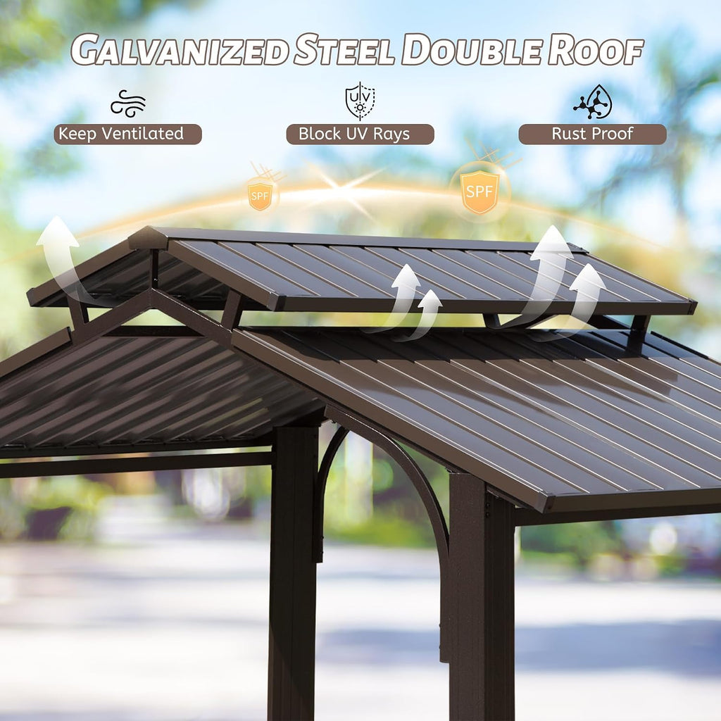 8x5FT Grill Gazebo, Outdoor Hardtop Metal Gazebo with 2 Side Shelves and Ceiling Hooks, Galvanized Steel Double Roof, All-Weather Hard Top Grill Canopy for Patio, Backyard, Lawn, Deck – Brown