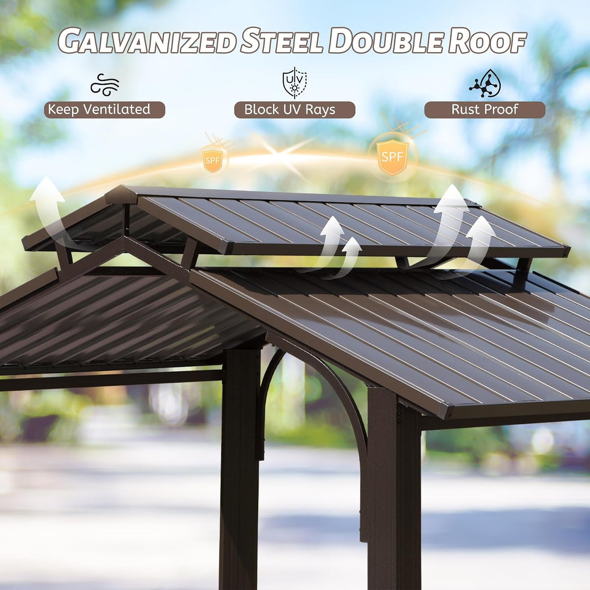 8x5FT Grill Gazebo, Outdoor Hardtop Metal Gazebo with 2 Side Shelves and Ceiling Hooks, Galvanized Steel Double Roof, All-Weather Hard Top Grill Canopy for Patio, Backyard, Lawn, Deck – Brown