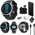 Garmin Fenix E 47MM AMOLED Premium Multisport GPS Smartwatch, 16 Days Long-Lasting Battery Life, Stainless Steel with Black Silicone Band, Fitness & Health Smart Watch Bundle for Men and Women