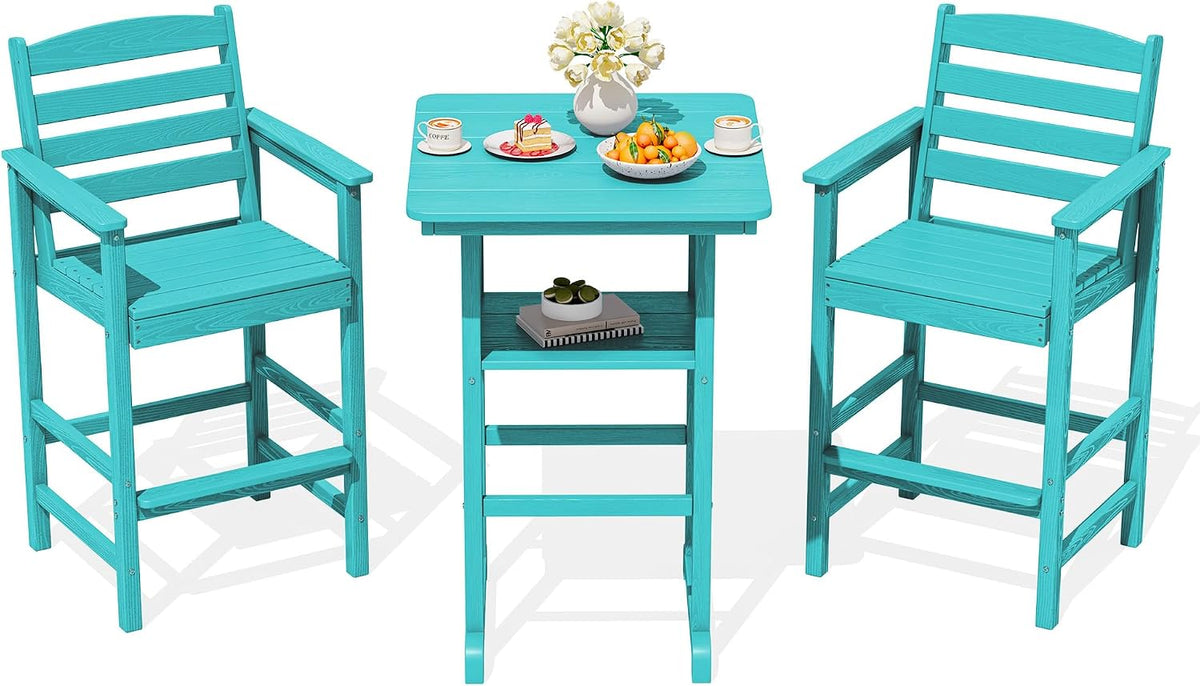 SERWALL Balcony Adirondack Chairs and Table 3 Pieces Set, Oversize Adirondack Bar Height Chairs Set of 2 and Bar Table, Outdoor Bar Stools Set, Aruba