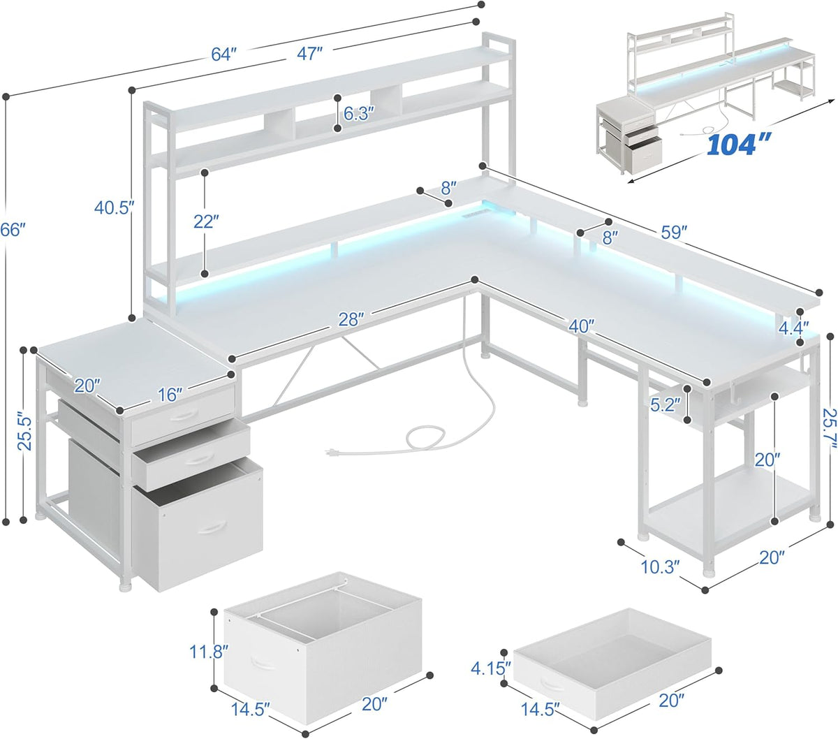 EnHomee 64 x 60 Inch L Shaped Desk with Shelf and Drawers, Gaming Desk with Power Outlet & Monitor Stand & LED Lights, Reversible White Vanity Desk, Two Person Desk for Living, Gaming Room, White