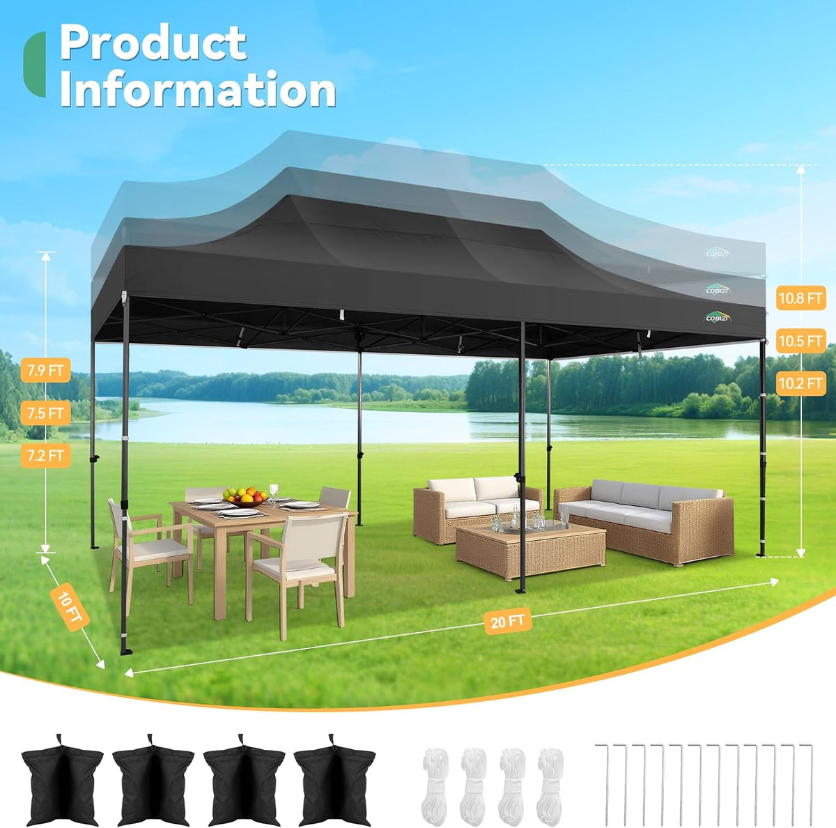 COBIZI 10x20 Heavy Duty Pop Up Canopy Tent with 6 Sidewalls Thicken Frame, Commercial Easy Up Outdoor Wedding Party Tents, All Season Waterproof Windproof with Stakes Sandbags Ropes Roller Bag, Black